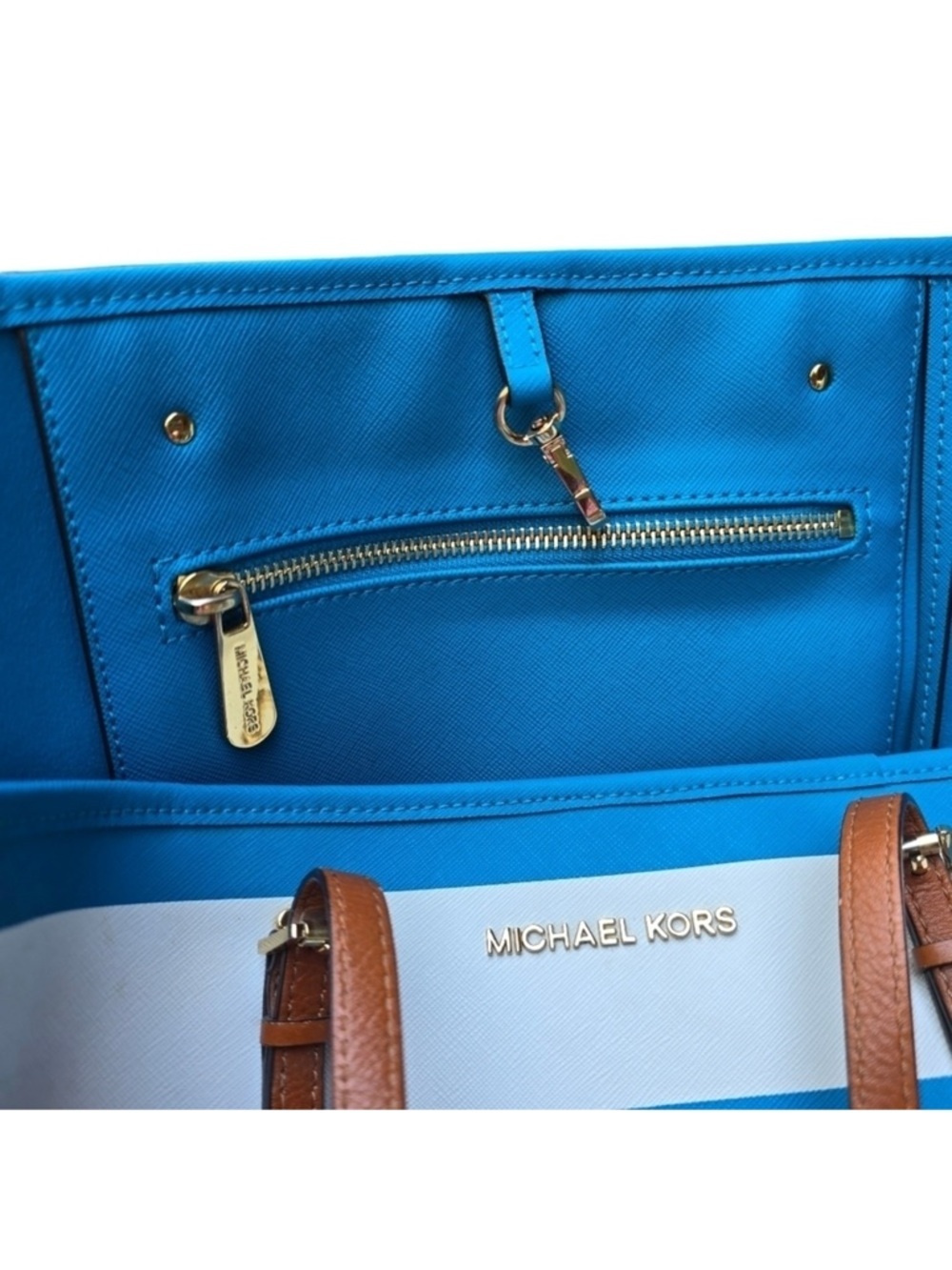 Michael Kors Blue/White Saffiano Leather Stripe Travel Tote Jet Set - Picture 11 of 12